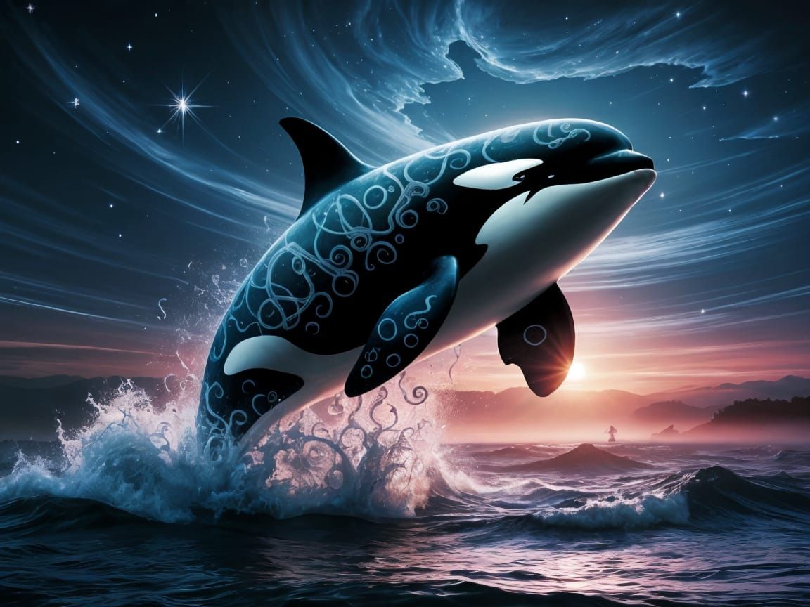 Majestic Orca Leaps from Stormy Seas in Digital Art