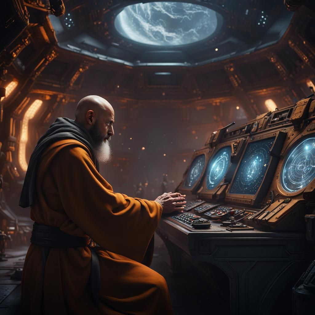 Medieval Monk Praying in Spaceship Command Center
