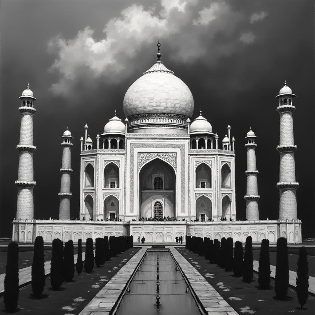 Monochrome Taj Mahal Oil Painting with Expressive Brushstrok...