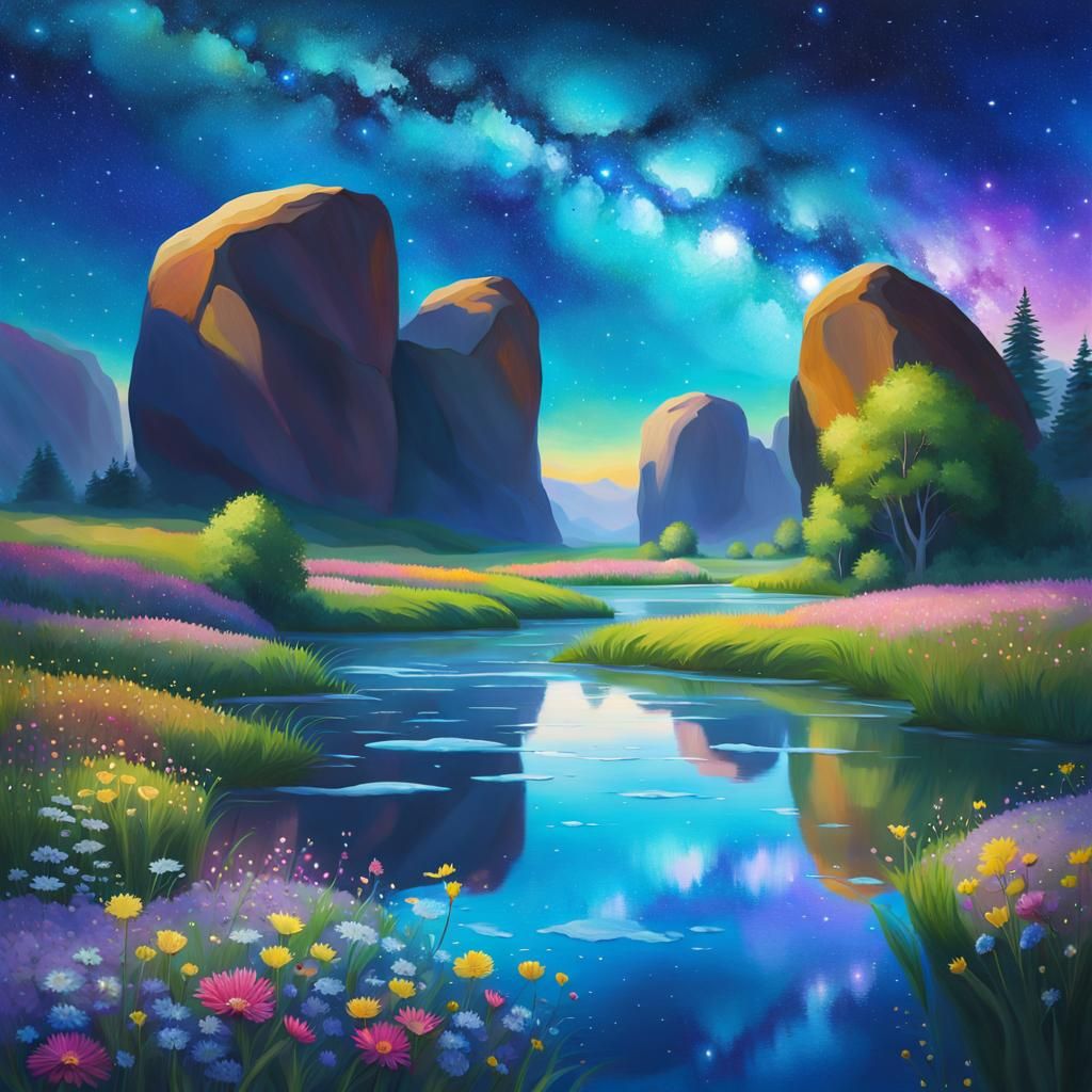 Enchanted Stream in Starry Wildflower Meadow