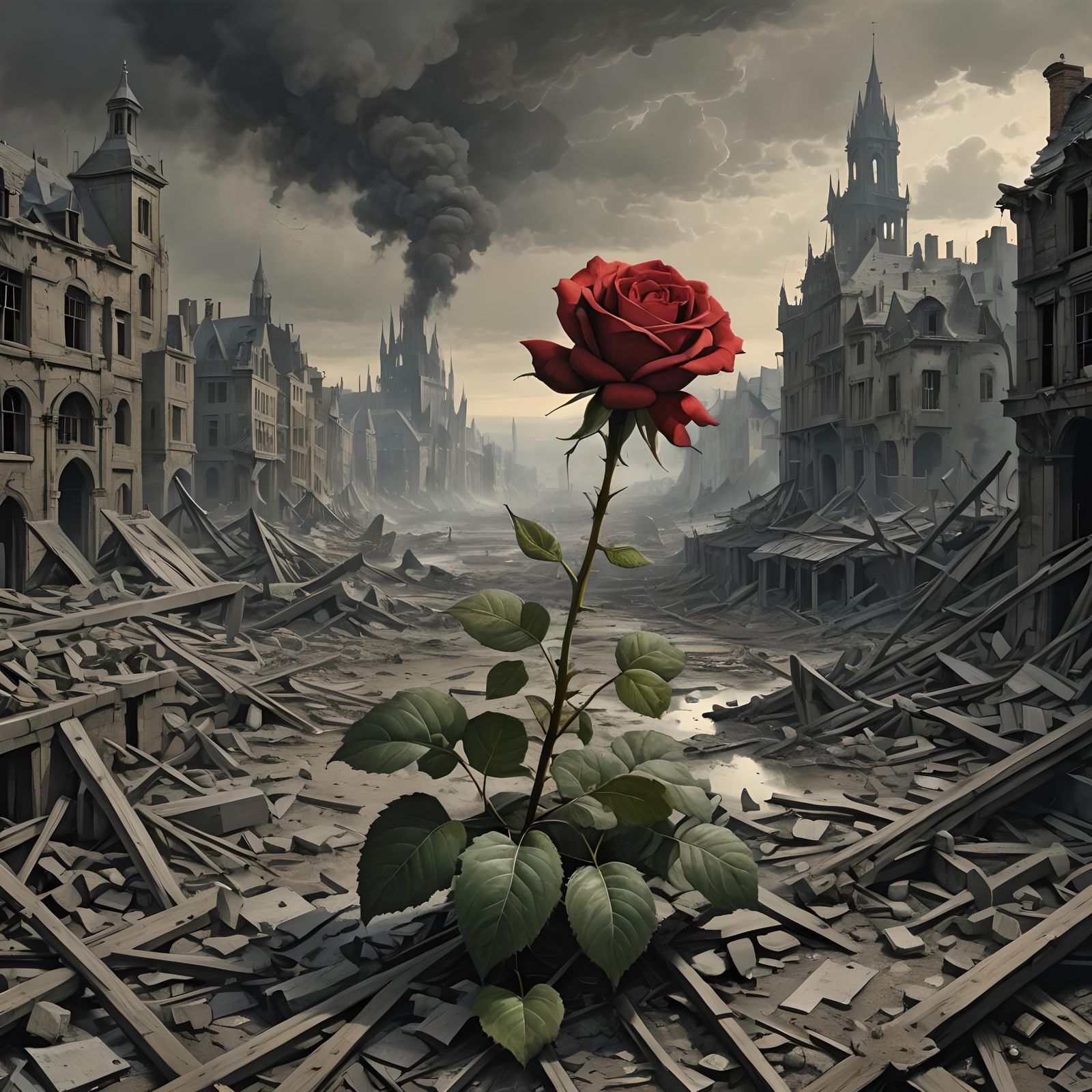 Rose in Post-War City: Dramatic Illustration