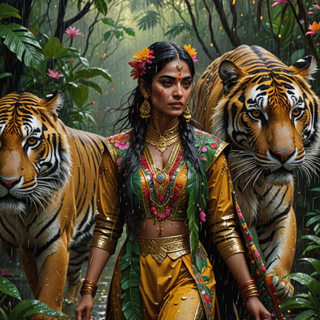 Indian Woman Rides Tiger Through Jungle in Monsoon