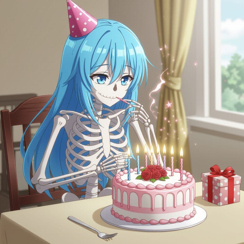 Skeleton Attempts Birthday Cake Candle Blowout in Anime Styl...