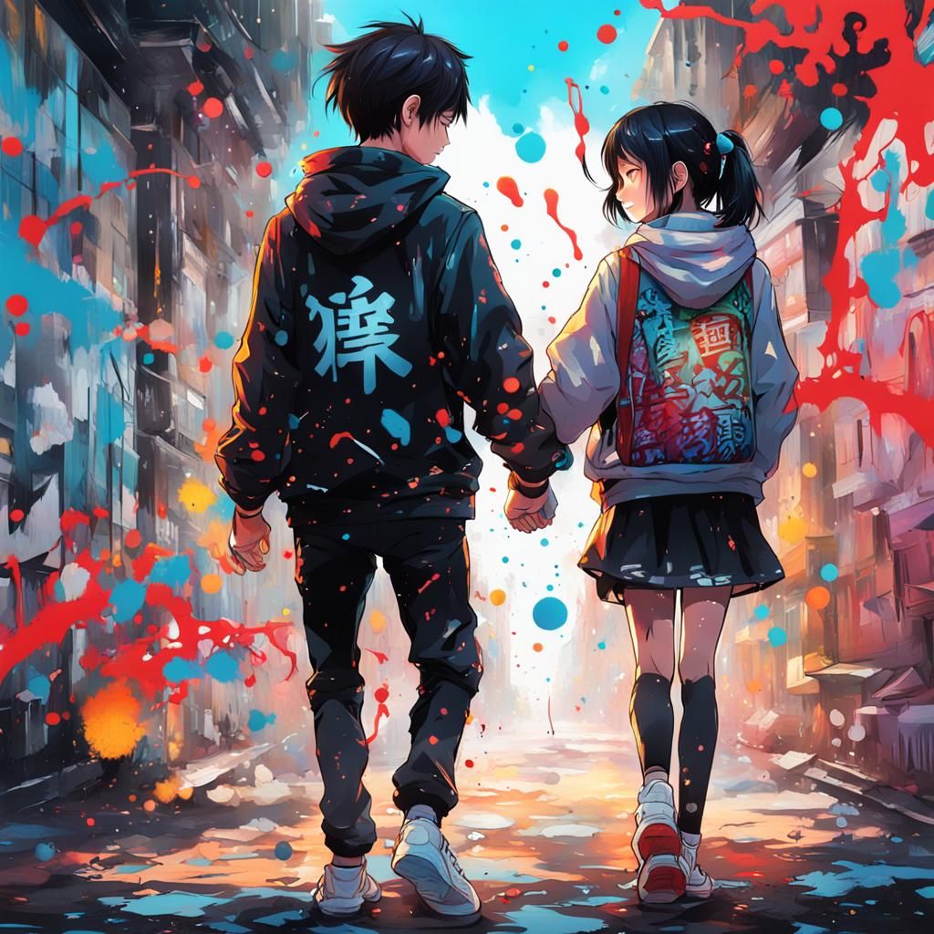 Anime Couple Holding Hands in Graffiti Art