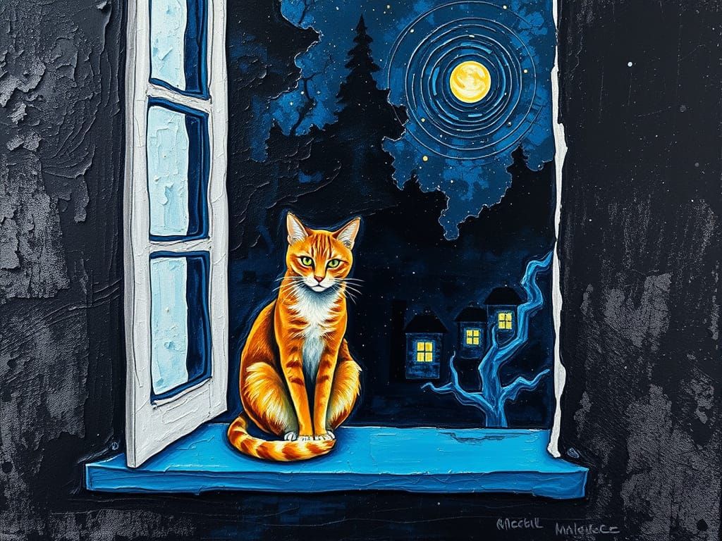 Surreal Ginger Cat Amidst Escher-Inspired Nighttime Landscap...