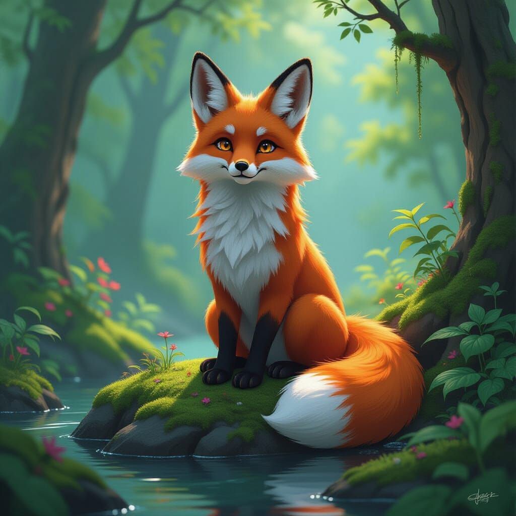 Mystical Fox Creature on Mossy Rock, Digital Art