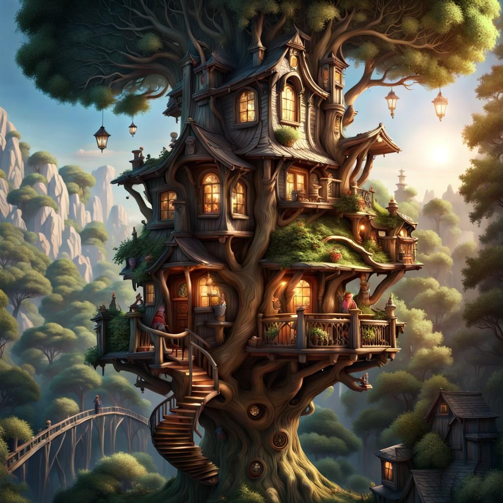 Ornate Treehouse Full of Books, Detailed Digital Art