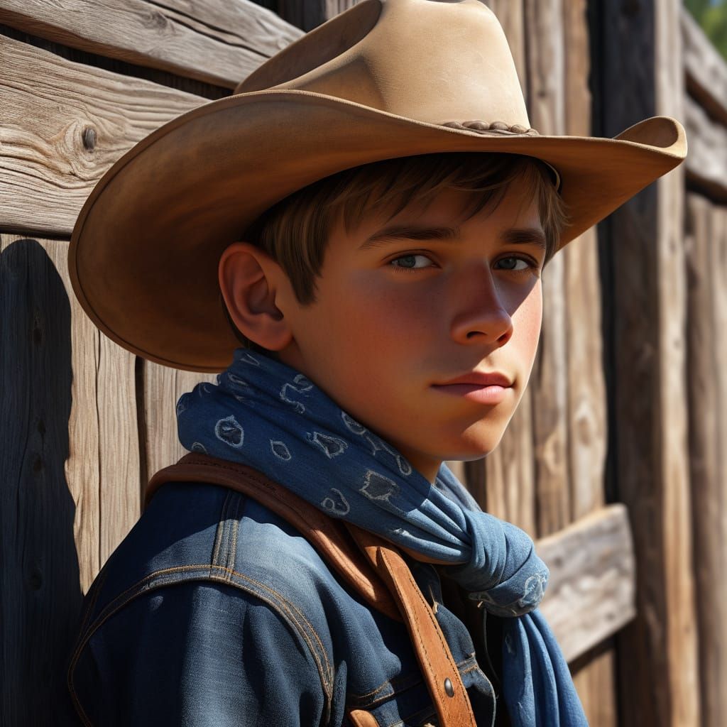 Boy Pretends Cowboy in Oil Painting Style