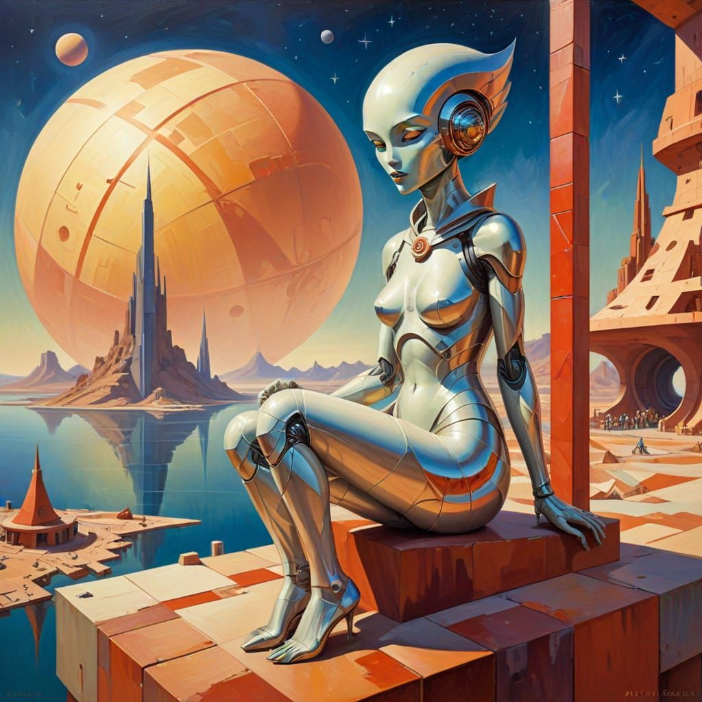 Renaissance Alien Lady at Retrofuturistic Mars Port