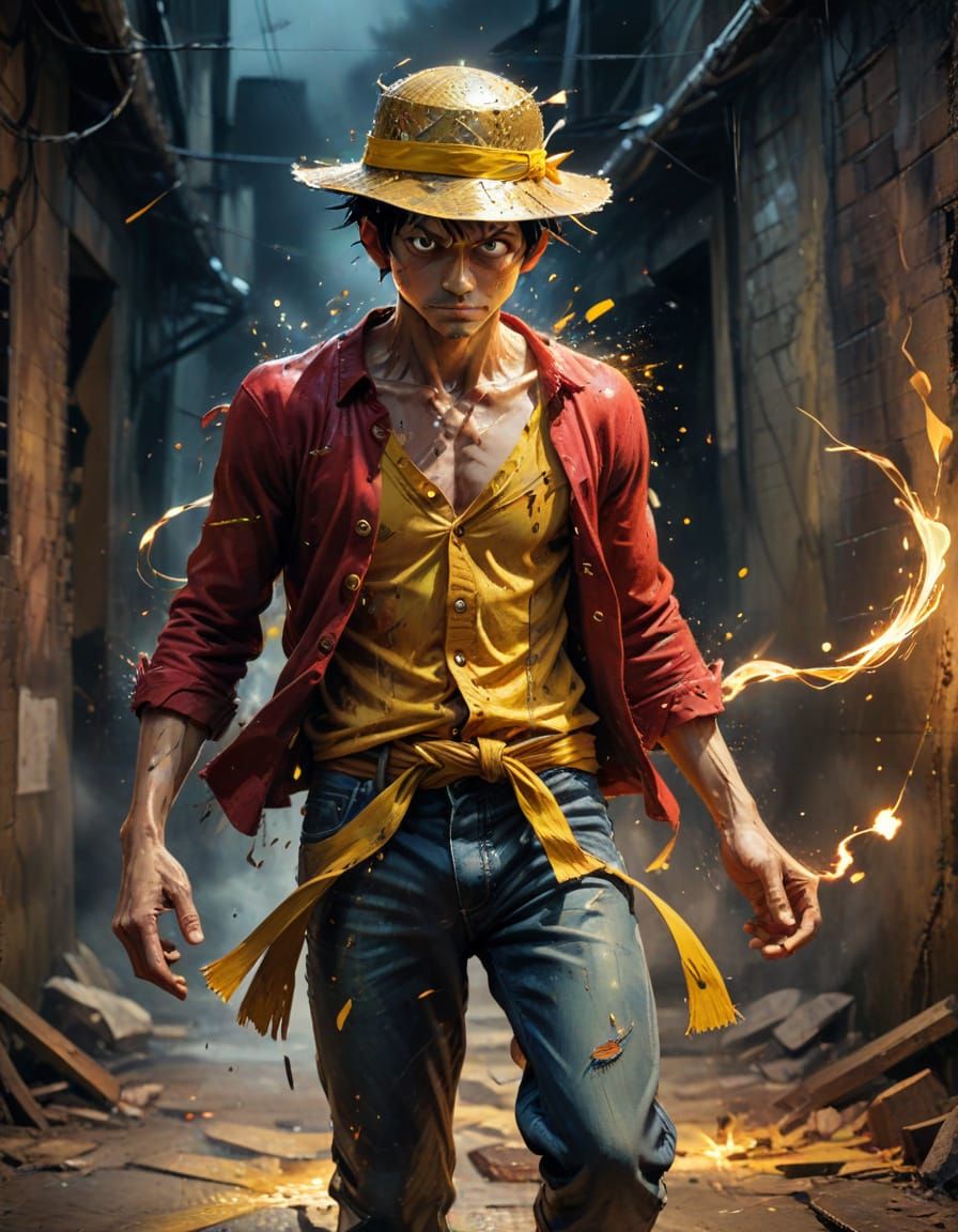 Monkey D. Luffy in a Dramatic Watercolor Fight Scene