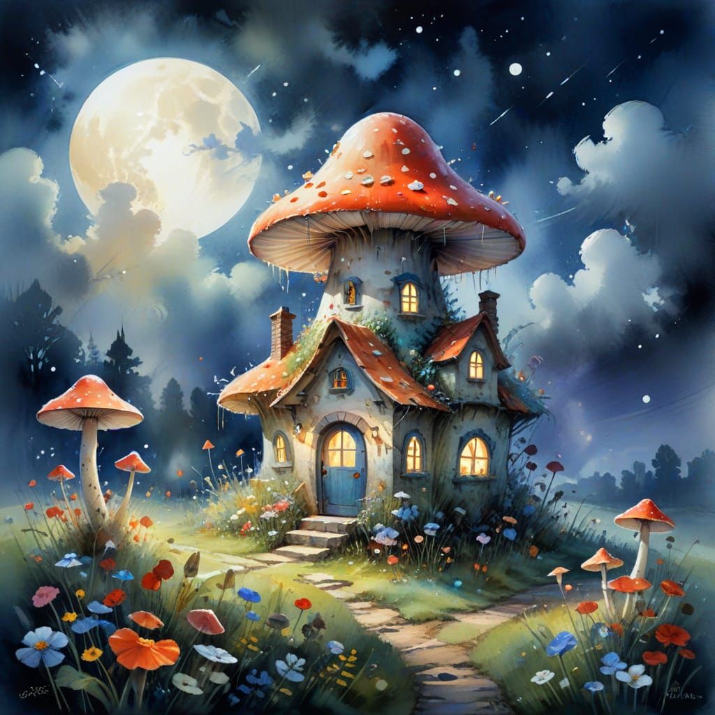 Whimsical Mushroom House Under Moonlit Skies