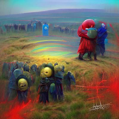 Teletubbies in Beksinski-Inspired Apocalyptic Landscape
