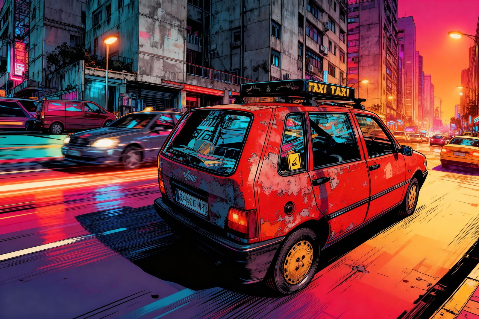 Retro-Futuristic Taxi in Neon-Lit Urban Streets