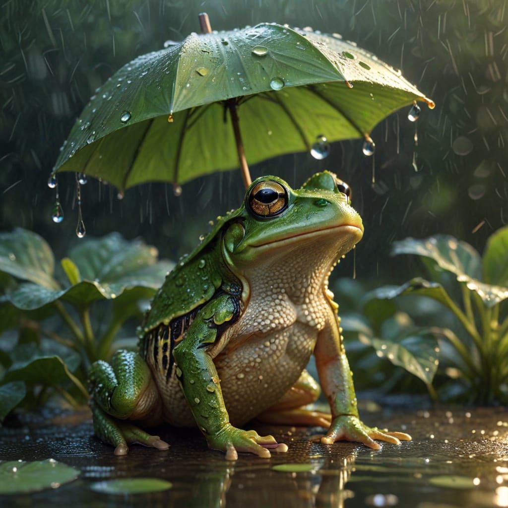 Whimsical Frog Under Rainy Umbrella in Serene Night Scene
