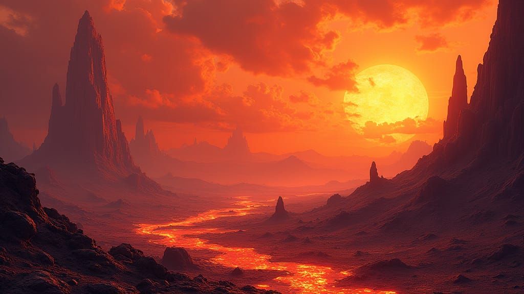 Fiery Alien Landscape with Molten Lava and Flaming Skies
