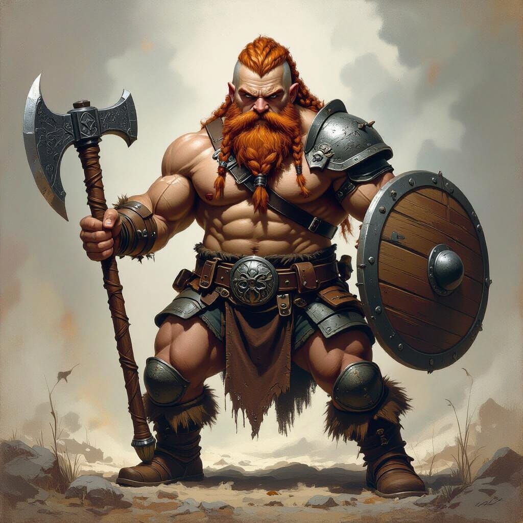 Dwarf Warrior with Axe and Shield in Fantasy Art Style