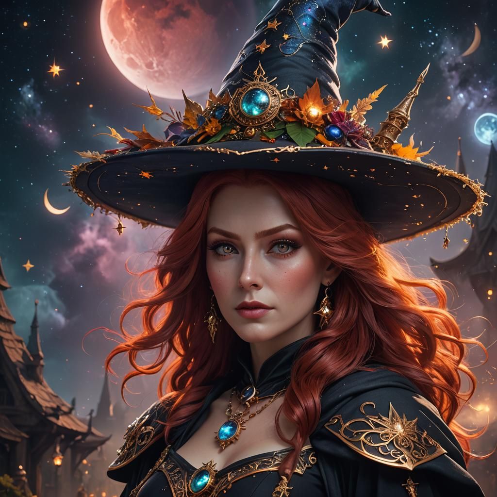 Red-Haired Witch with Iridescent Eyes, Digital Art