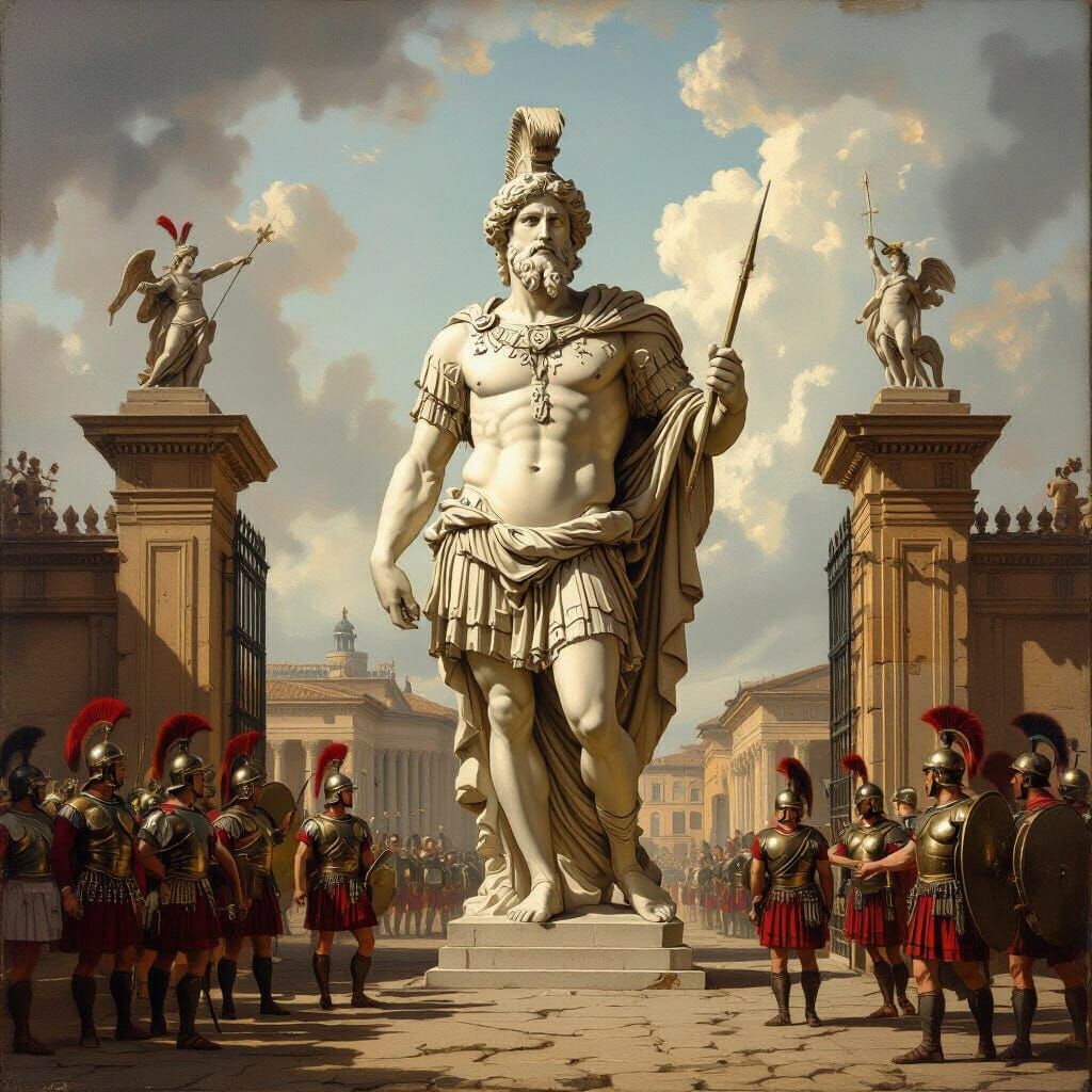 Doublefaced Janus Statue at Rome Gates with Soldiers