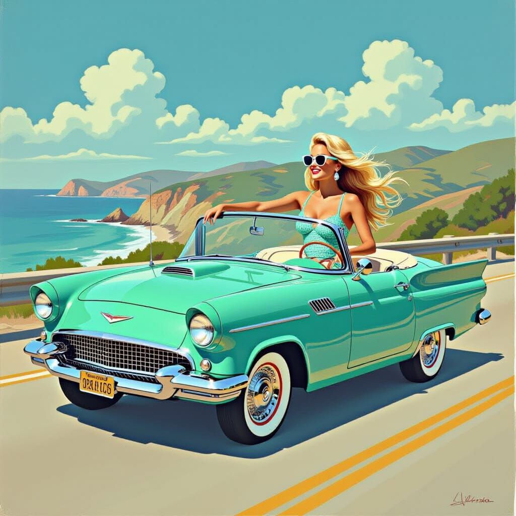 Blond Woman Driving Vintage Car in California, Pop Art Style
