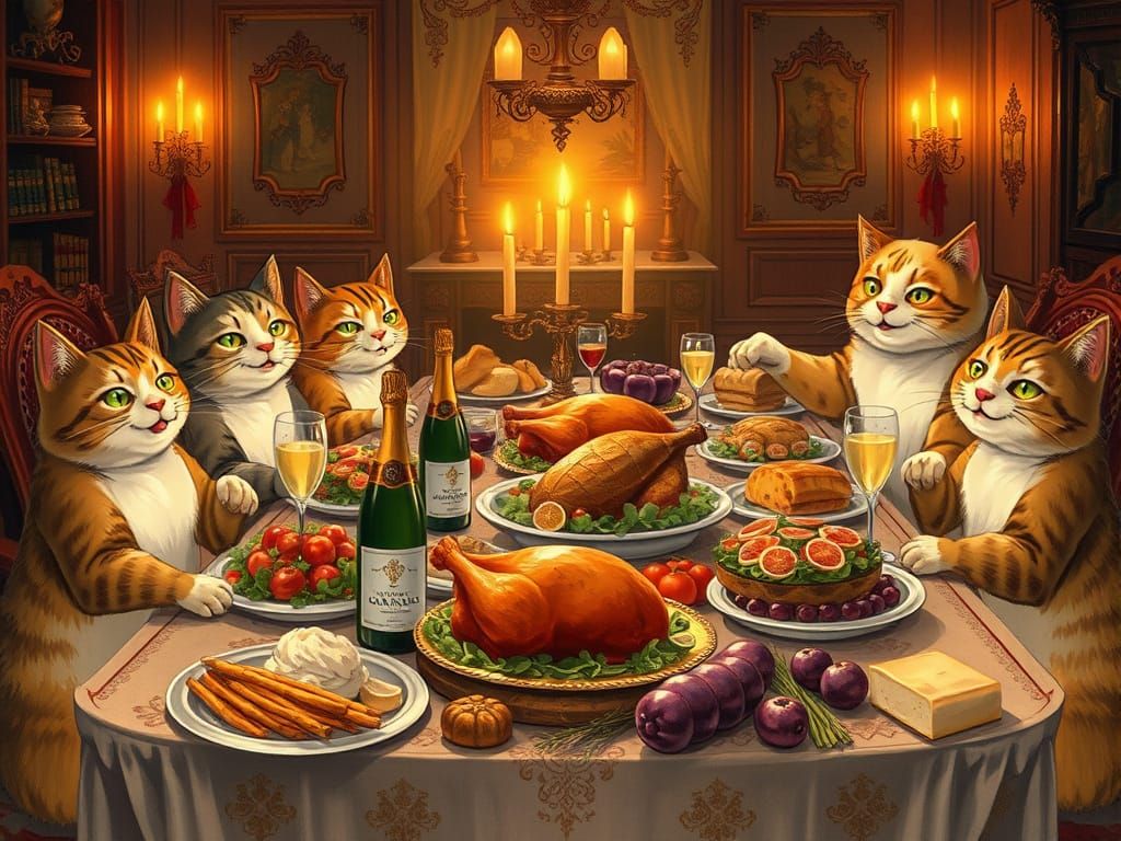Anthropomorphic Cats Enjoying a Lavish Feast in Storybook St...