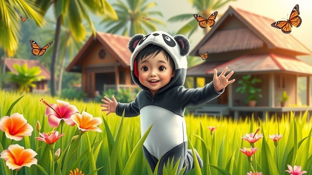 Asian Girl Plays in Vibrant Rice Paddy with Panda Costume