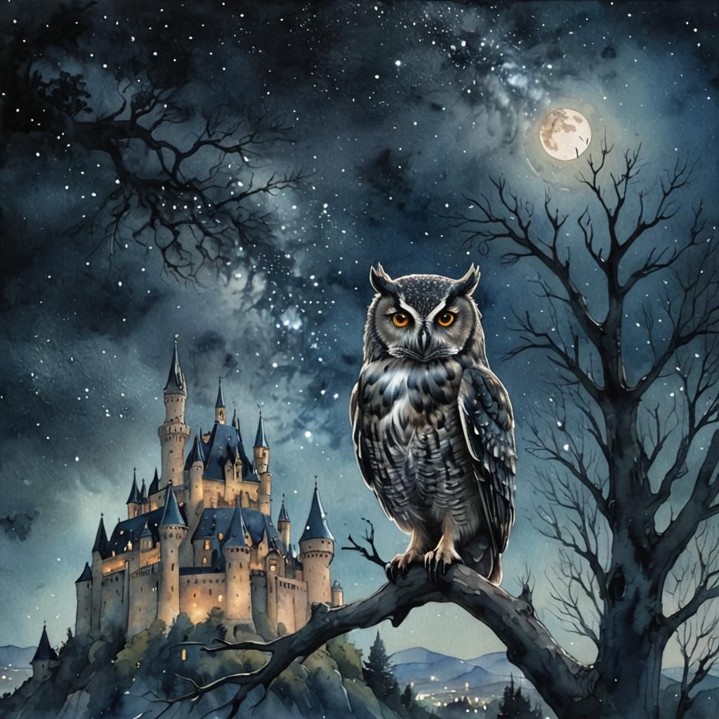 Owl and Castle Under Milky Way: Watercolor Illustration