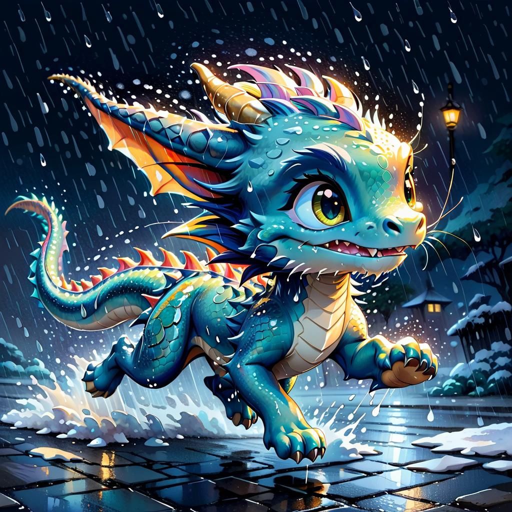 Anime Dragon Runs in Rainy Night, Watercolor Style
