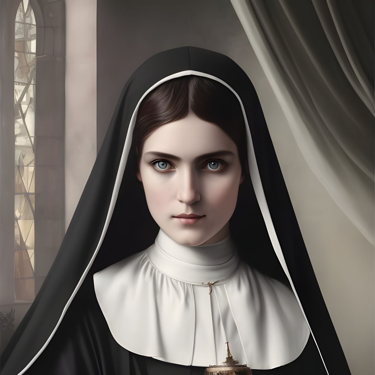 Young Nun Portrait in Medieval Habit, Oil Painting Style