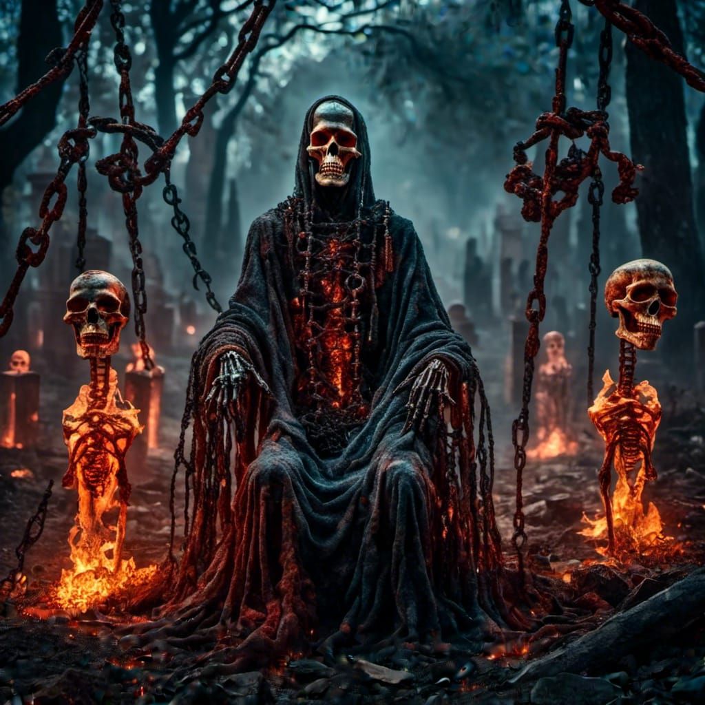 Haunted Graveyard Skeletons Portrait with Fiery Eyes