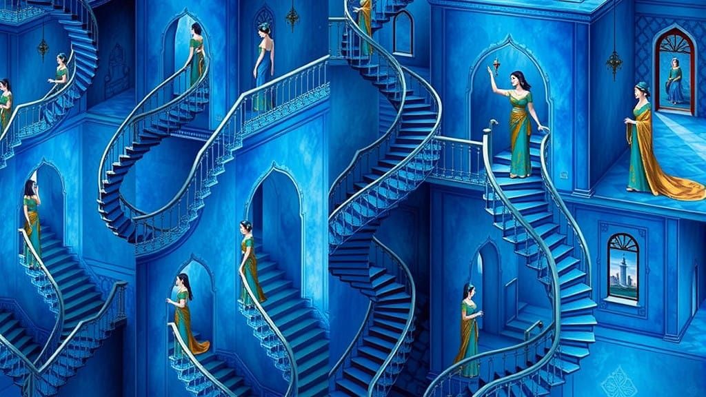 Elegant Women in Escher-Inspired Staircases with Impossible....