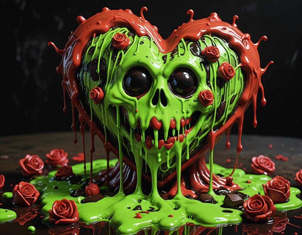 Grotesque Slime Heart Dripping Roses and Chocolates