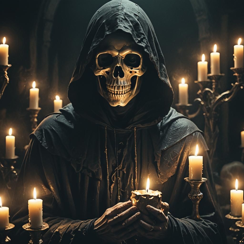 Macabre Figure Holds Ethereal Skull in Dark Fantasy Setting