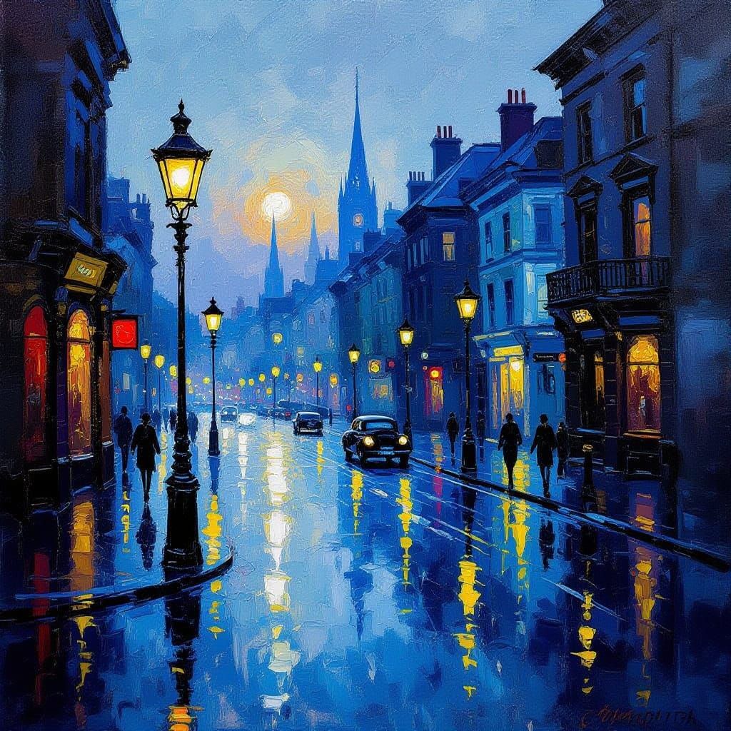 Rainy Cityscape in Warm Golden Light with Impasto Texture