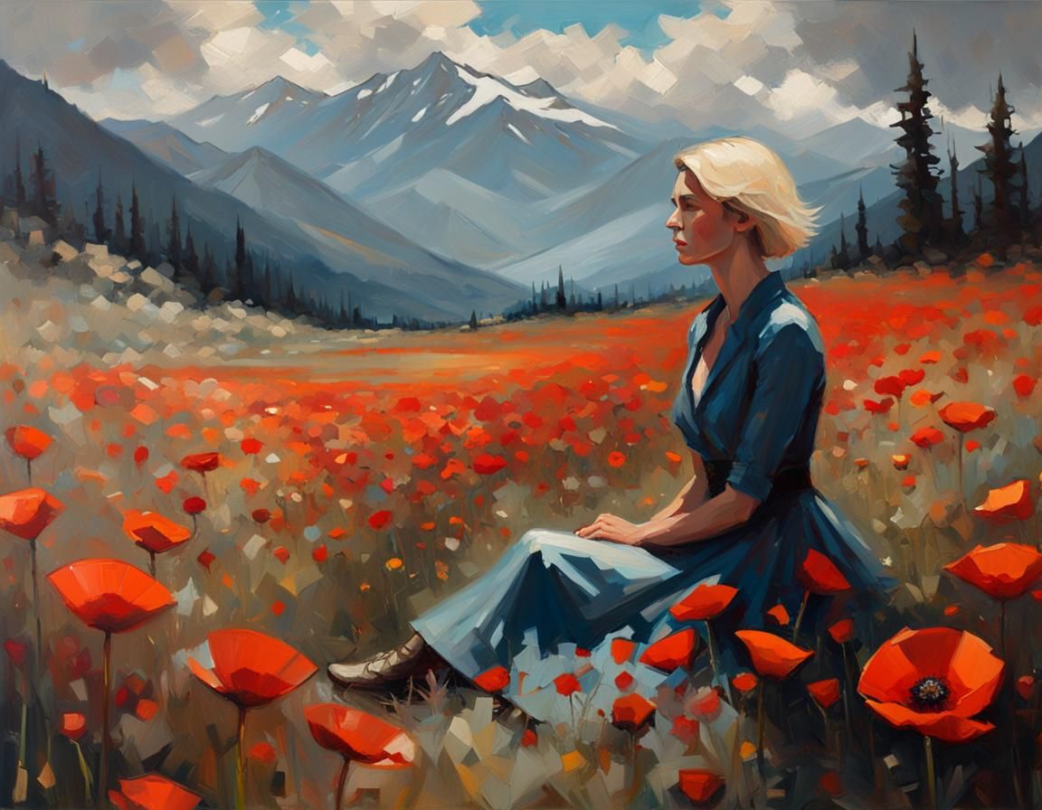 Woman in Poppy Field: An Impasto Oil Painting