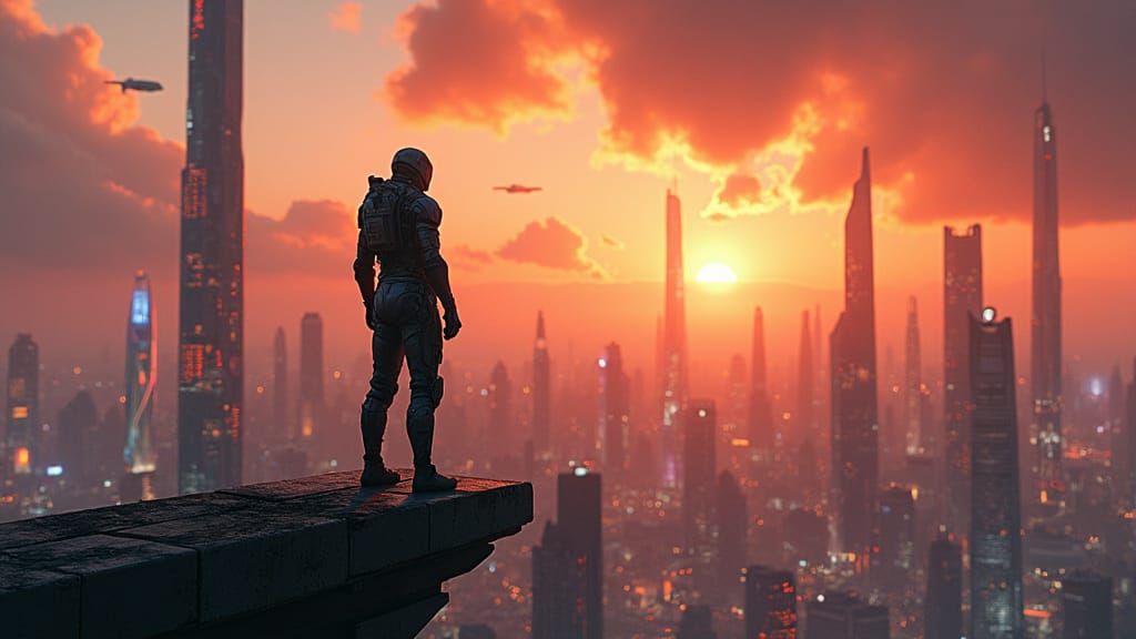Futuristic Hero Gazing Over Metropolis Sunset