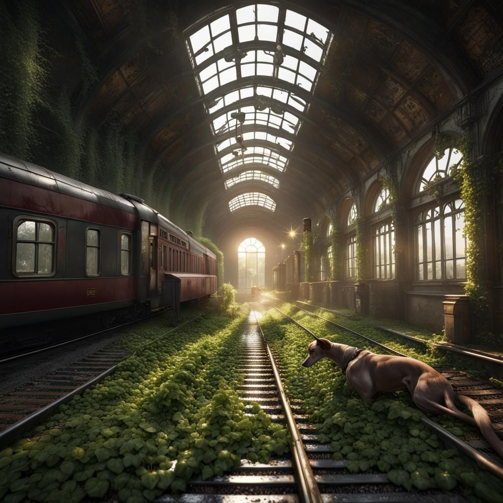 Abandoned Train Station with Greyhounds, Detailed Matte Pain...