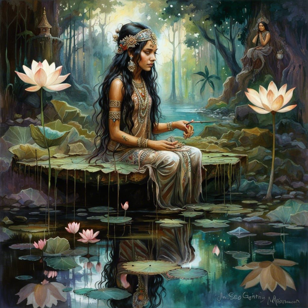 Dark Fantasy Indian Princess in Lotus Pond Reflection, Outer...