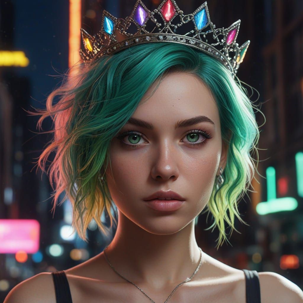Woman With Rainbow Hair Under Neon City Lights