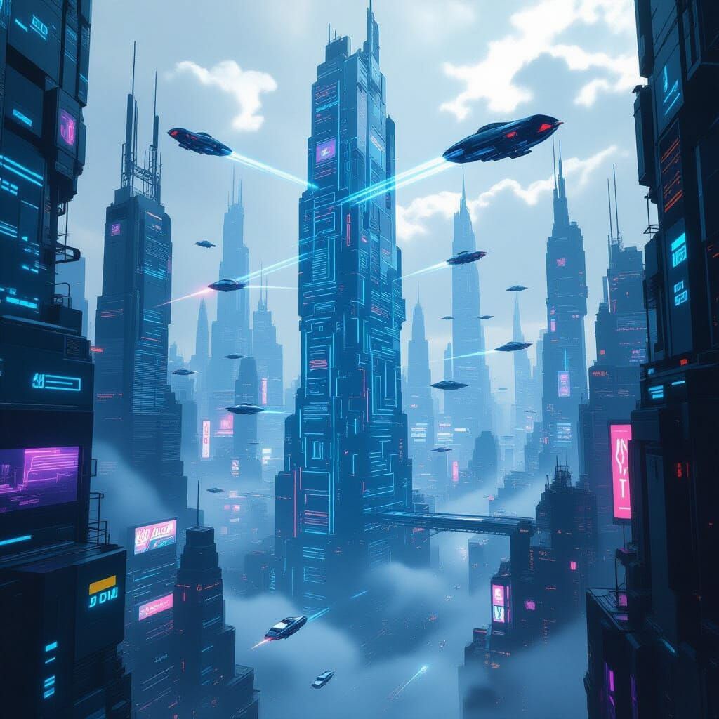 Futuristic Cyberpunk Cityscape with Glowing Circuit Patterns