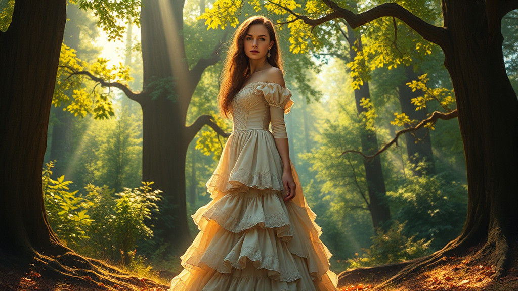 Victorian Woman in Sunlit Forest, Hudson River School Style