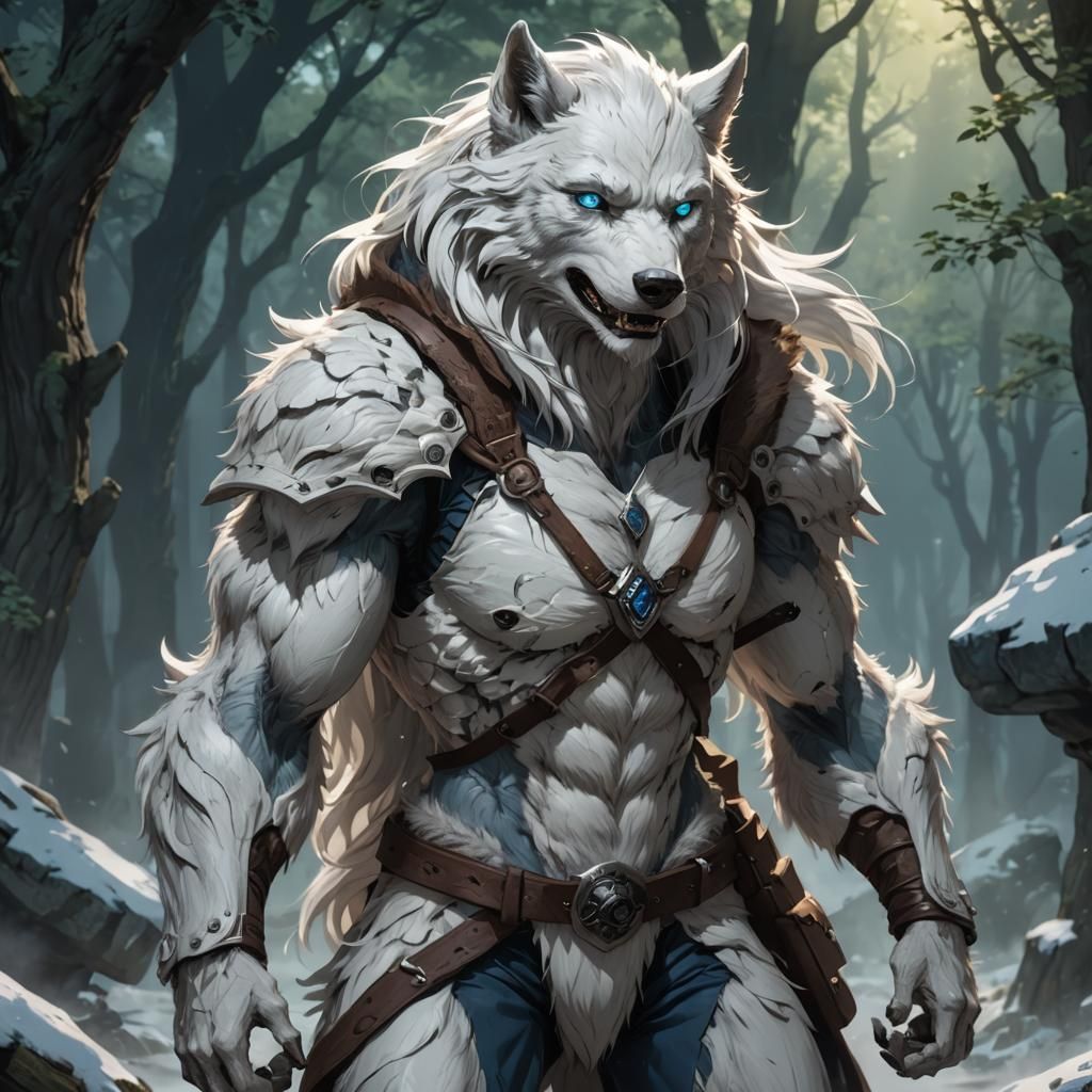 Anime White Werewolf Woman with Blue Eyes