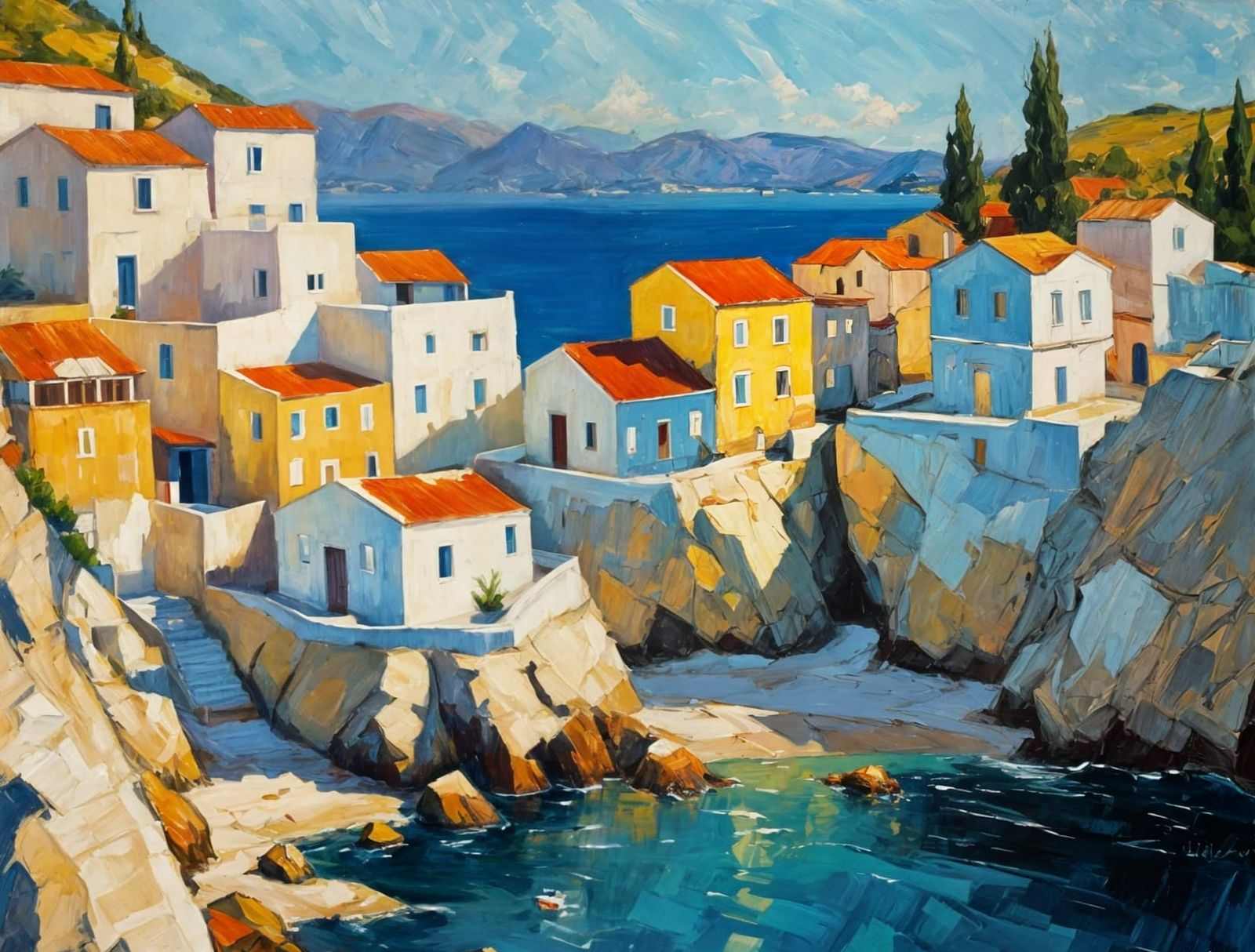 Greek Village Cliffside in Impasto Oil Painting