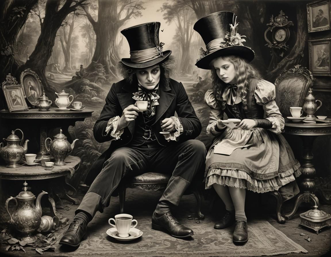 The mad hatter drink his coffee whith Alice