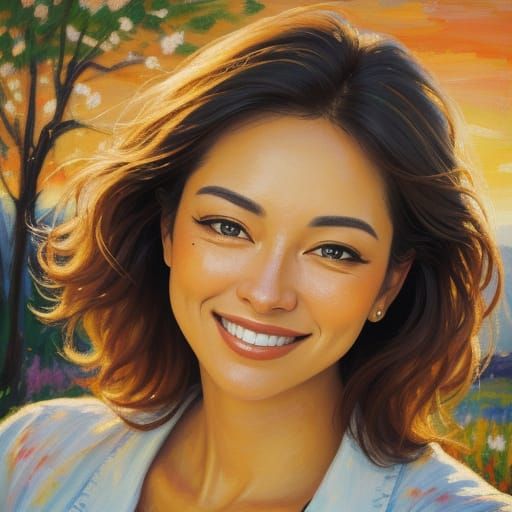 Smiling Woman in Impressionist Oil Painting