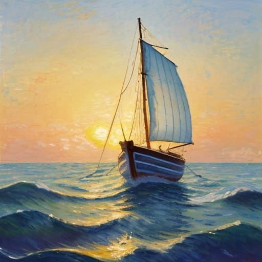 Striped Boat on Striped Sea in Impressionist Style