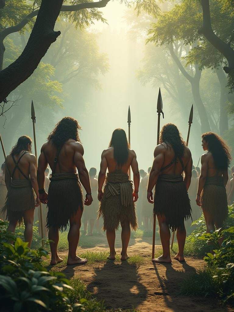 Prehistoric Warriors in Misty Landscape