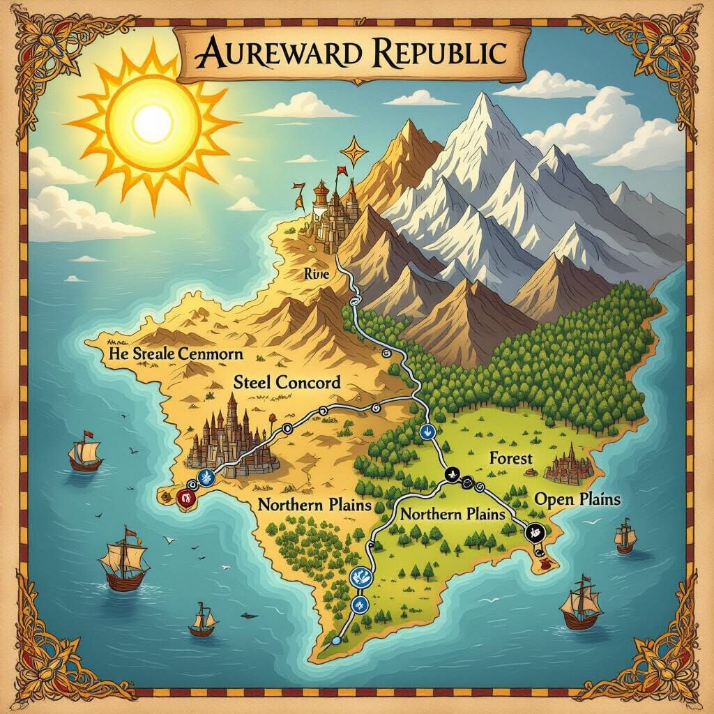 Fantasy Map of Aurea Continent: Republic, Concord, Dominion