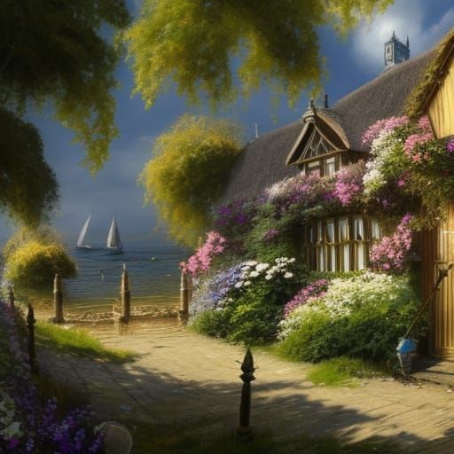 Victorian Seaside Village with Gothic and Fantasy Elements