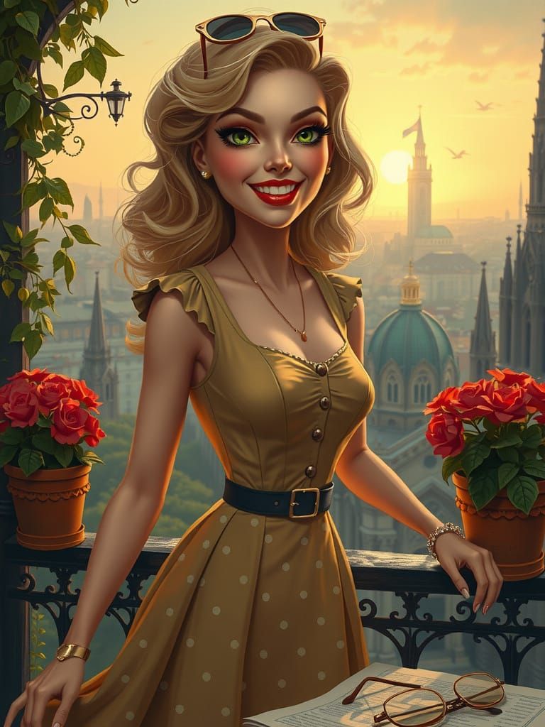 1950s Woman on Balcony in Tim Burton Cartoon Style