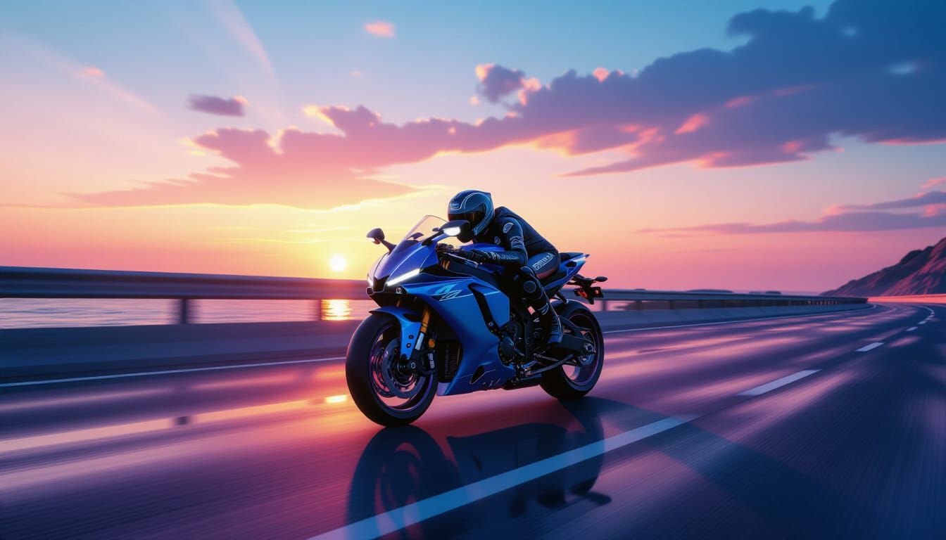 Yamaha R1 on Highway at Dusk in Futuristic Style